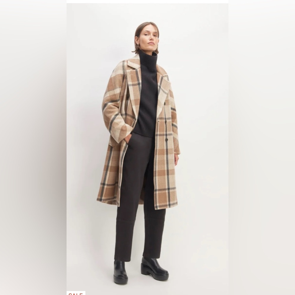 Everlane Plaid Pea Coat in Tan and Brown